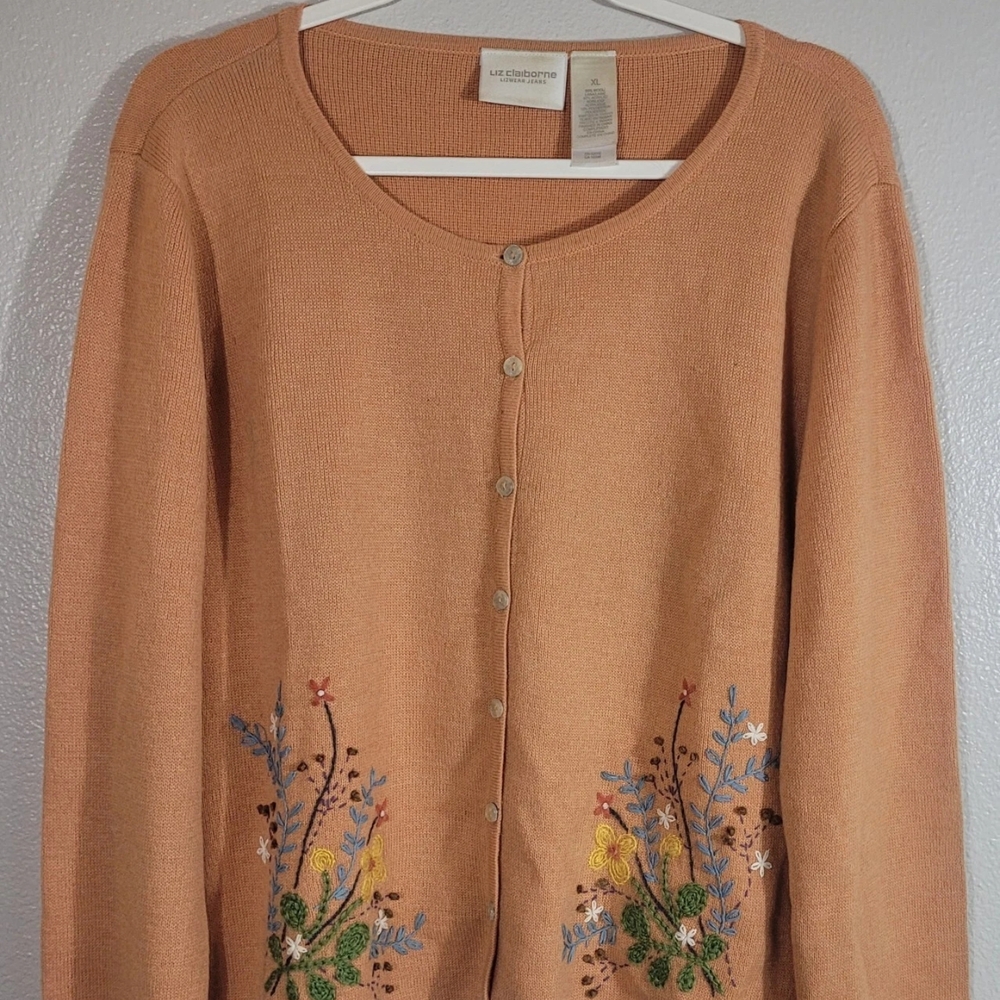 Liz Claiborne Women's Floral Embroidered Wool Cardigan - Vintage Melon